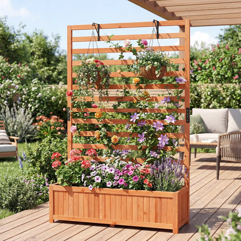 Wooden Raised Garden Bed 59 Inch Tall Elevated Planter Box with Vertical Trellis-Orange by DirectDeals