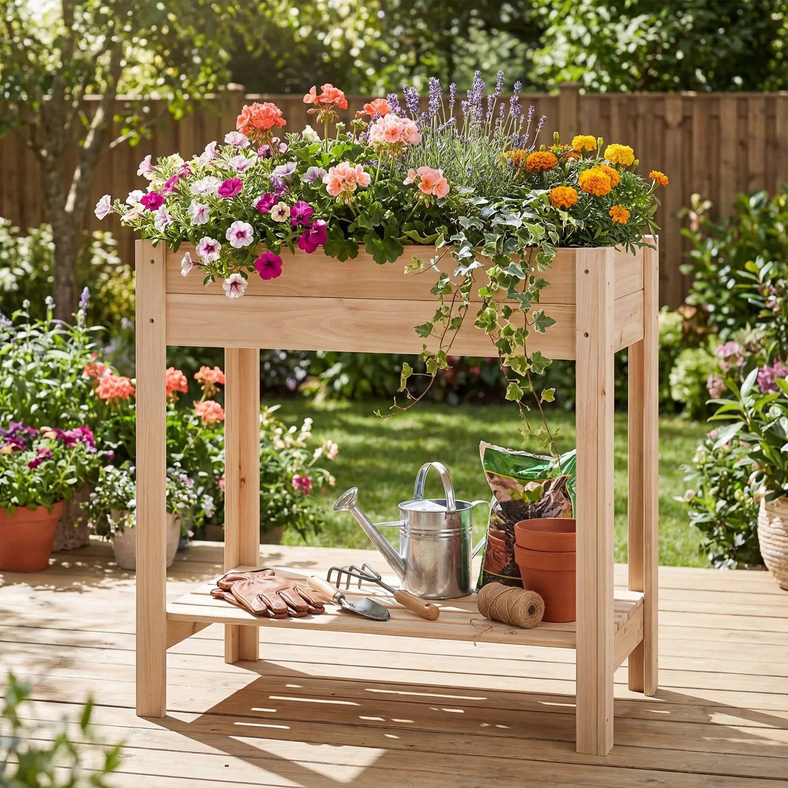Wooden Raised Garden Bed with Legs and Storage Shelf by DirectDeals