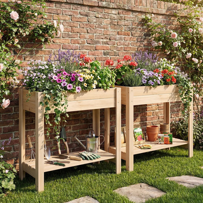 Wooden Raised Garden Bed with Legs and Storage Shelf by DirectDeals