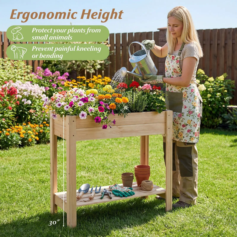 Wooden Raised Garden Bed with Legs and Storage Shelf by DirectDeals