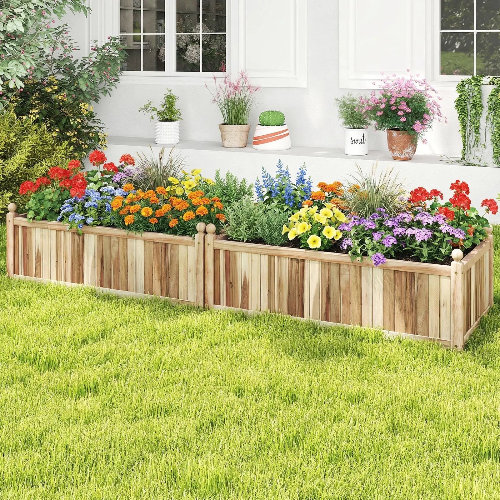 Wooden Raised Garden Bed Natural Acacia Wood Rectangular Planter Box with Liner-Natural by DirectDeals