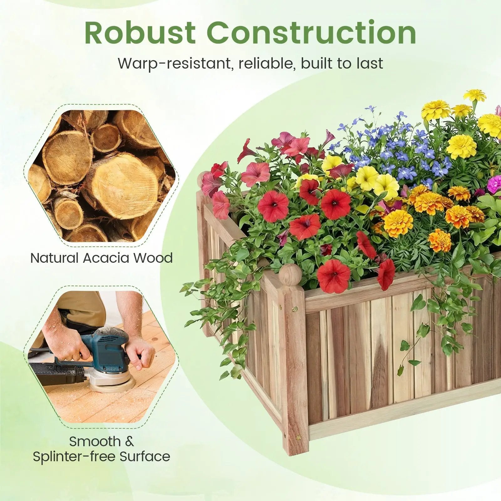 Wooden Raised Garden Bed Natural Acacia Wood Rectangular Planter Box with Liner-Natural by DirectDeals