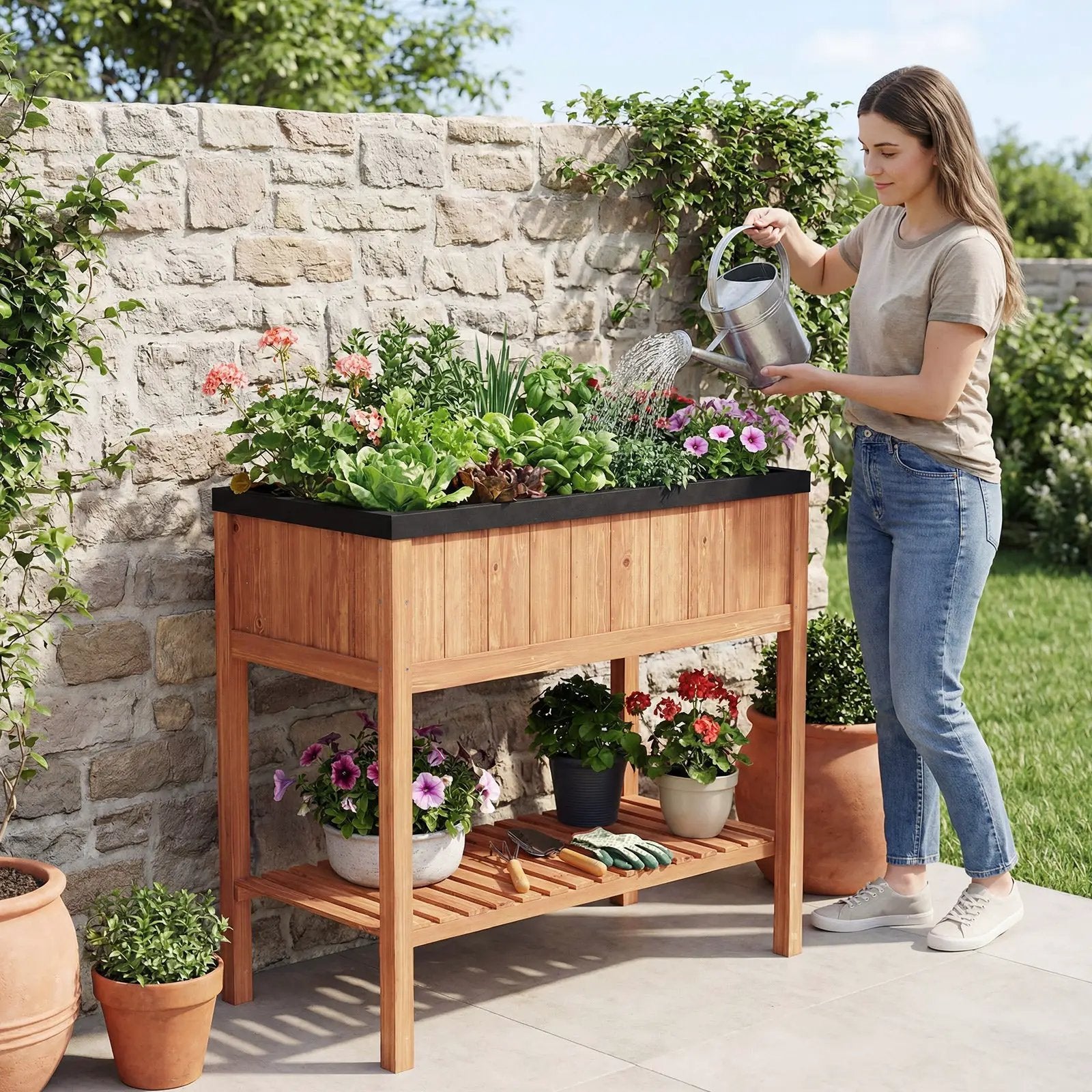 Wooden Raised Garden Bed with Storage Shelf and 220 LBS Capacity-Orange by DirectDeals
