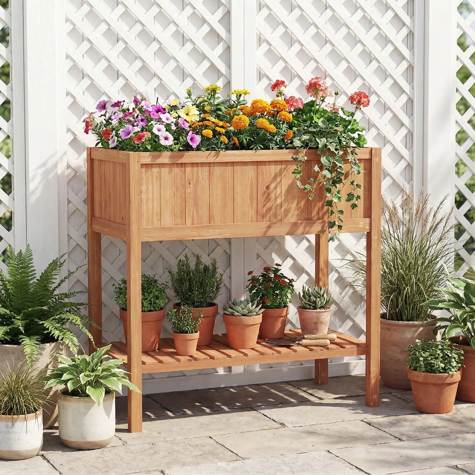 Wooden Raised Garden Bed with Storage Shelf and 220 LBS Capacity-Orange by DirectDeals