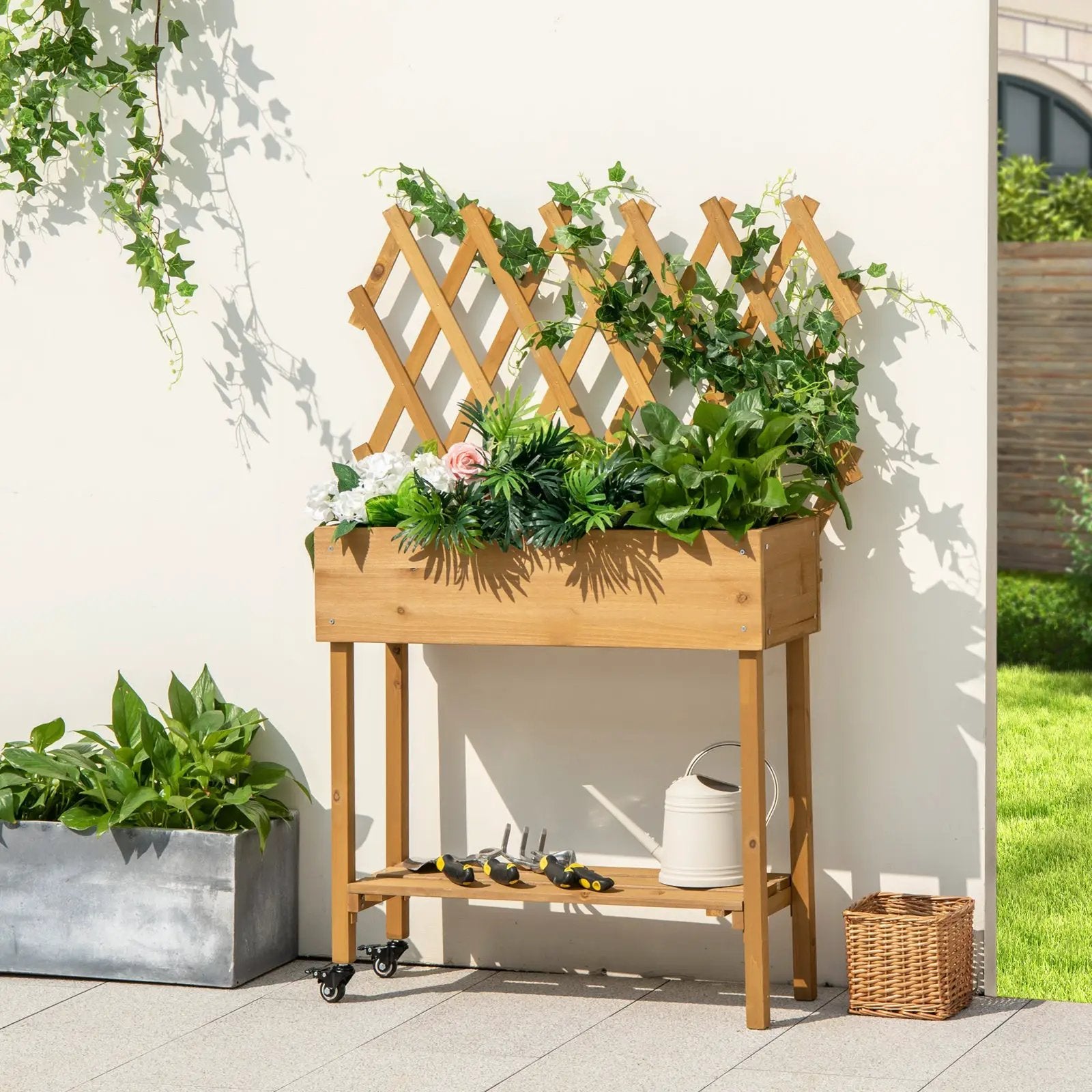 Wooden Rolling Raised Garden Bed with Trellis and Storage Shelf by DirectDeals