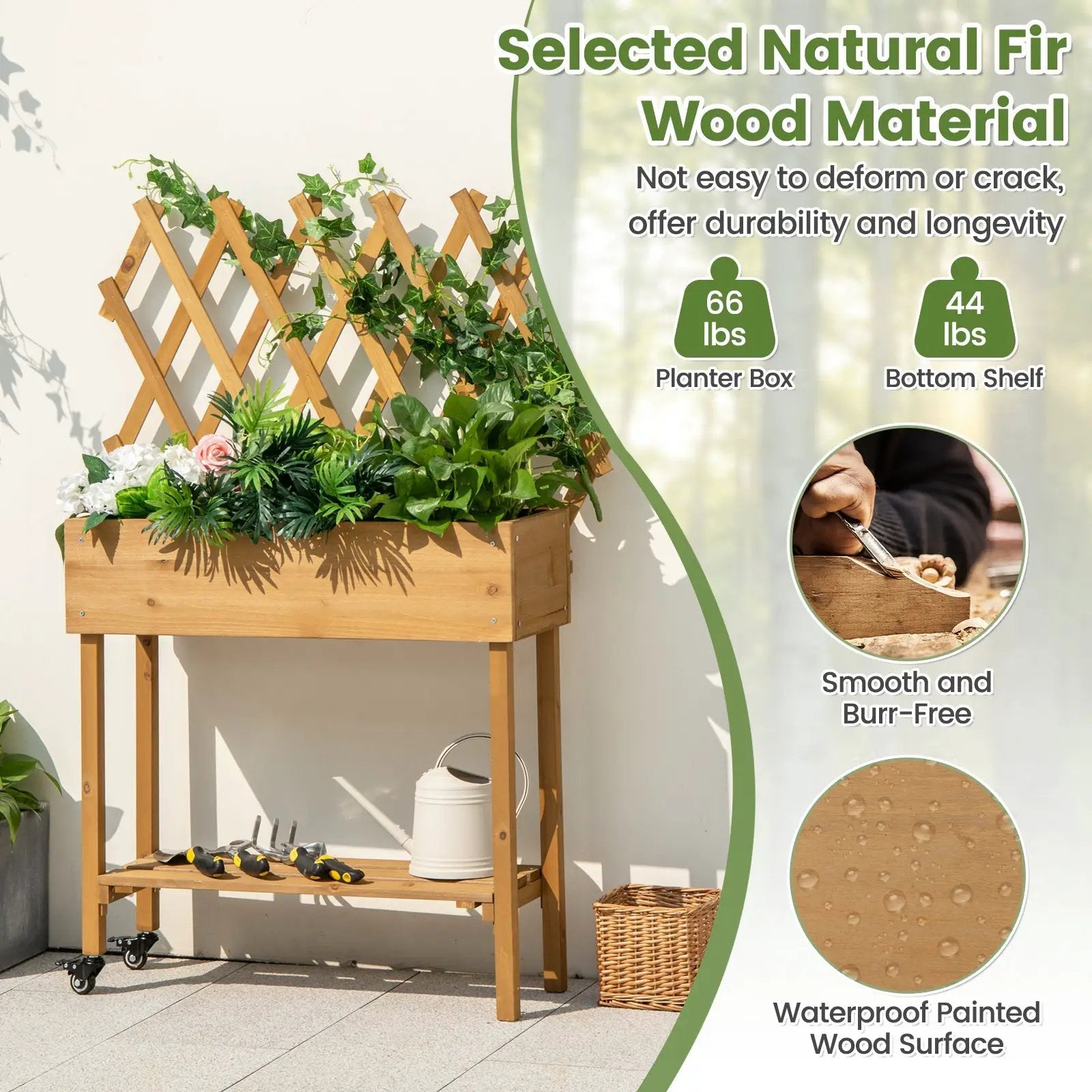 Wooden Rolling Raised Garden Bed with Trellis and Storage Shelf by DirectDeals