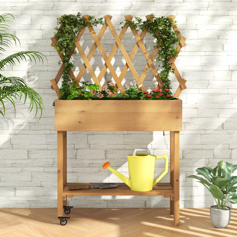Wooden Rolling Raised Garden Bed with Trellis and Storage Shelf by DirectDeals