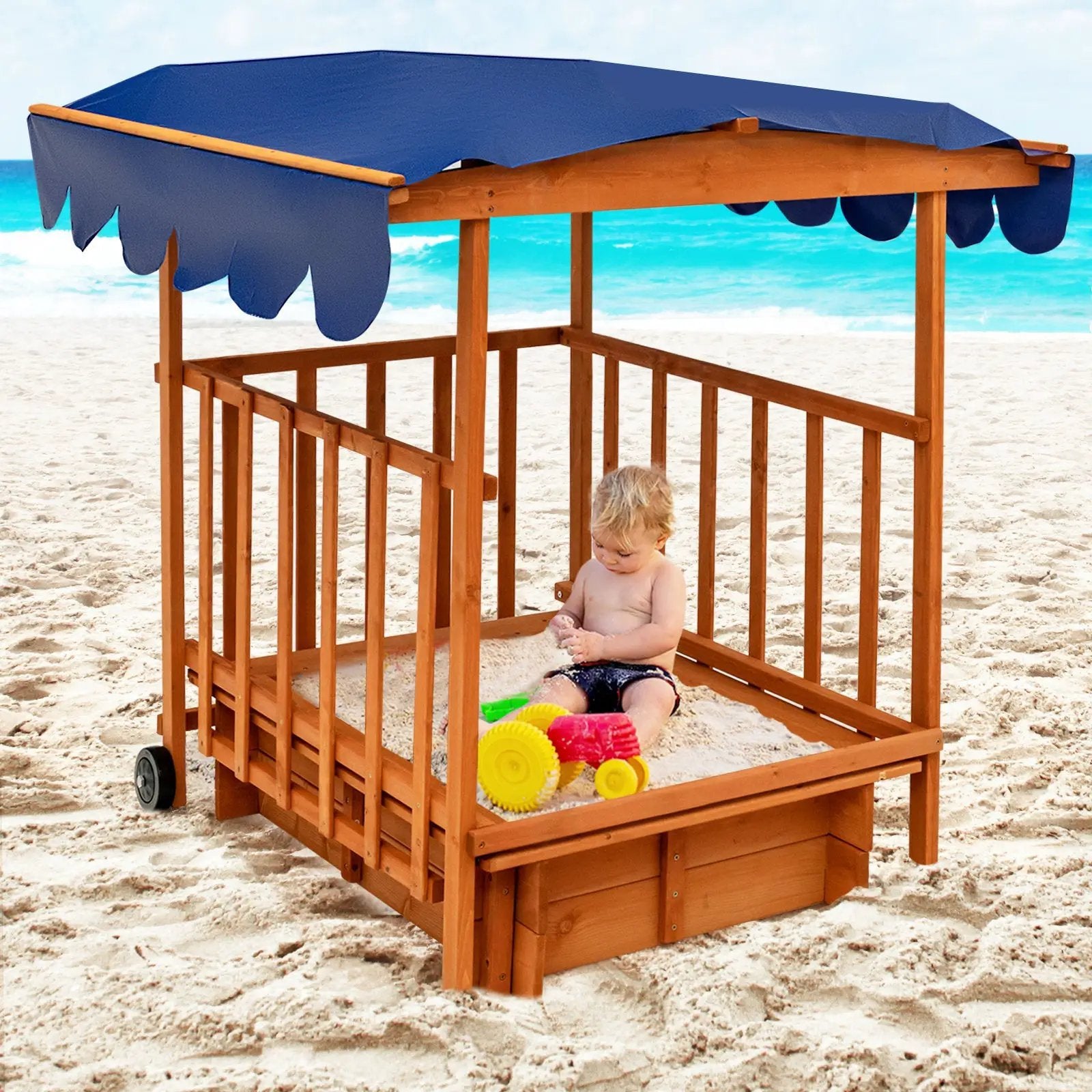 Kids Outdoor Wooden Retractable Sandbox with Cover and Built-in Wheels-Natural by DirectDeals