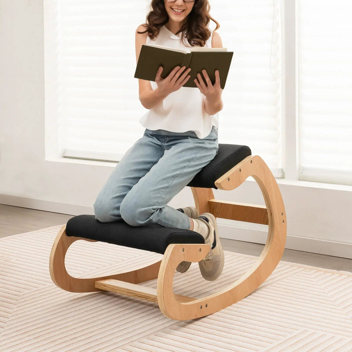 Wooden Rocking Chair with Comfortable Padded Seat Cushion and Knee Support by DirectDeals