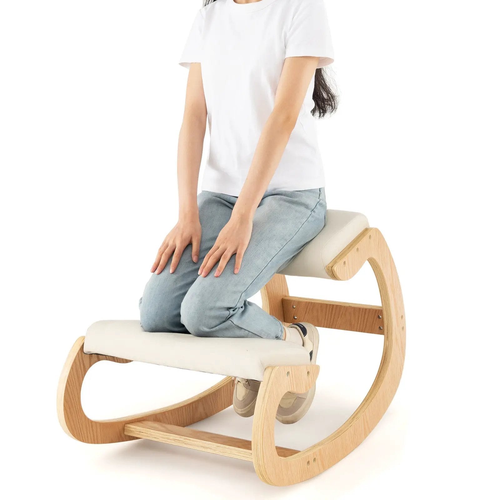Wooden Rocking Chair with Comfortable Padded Seat Cushion and Knee Support by DirectDeals