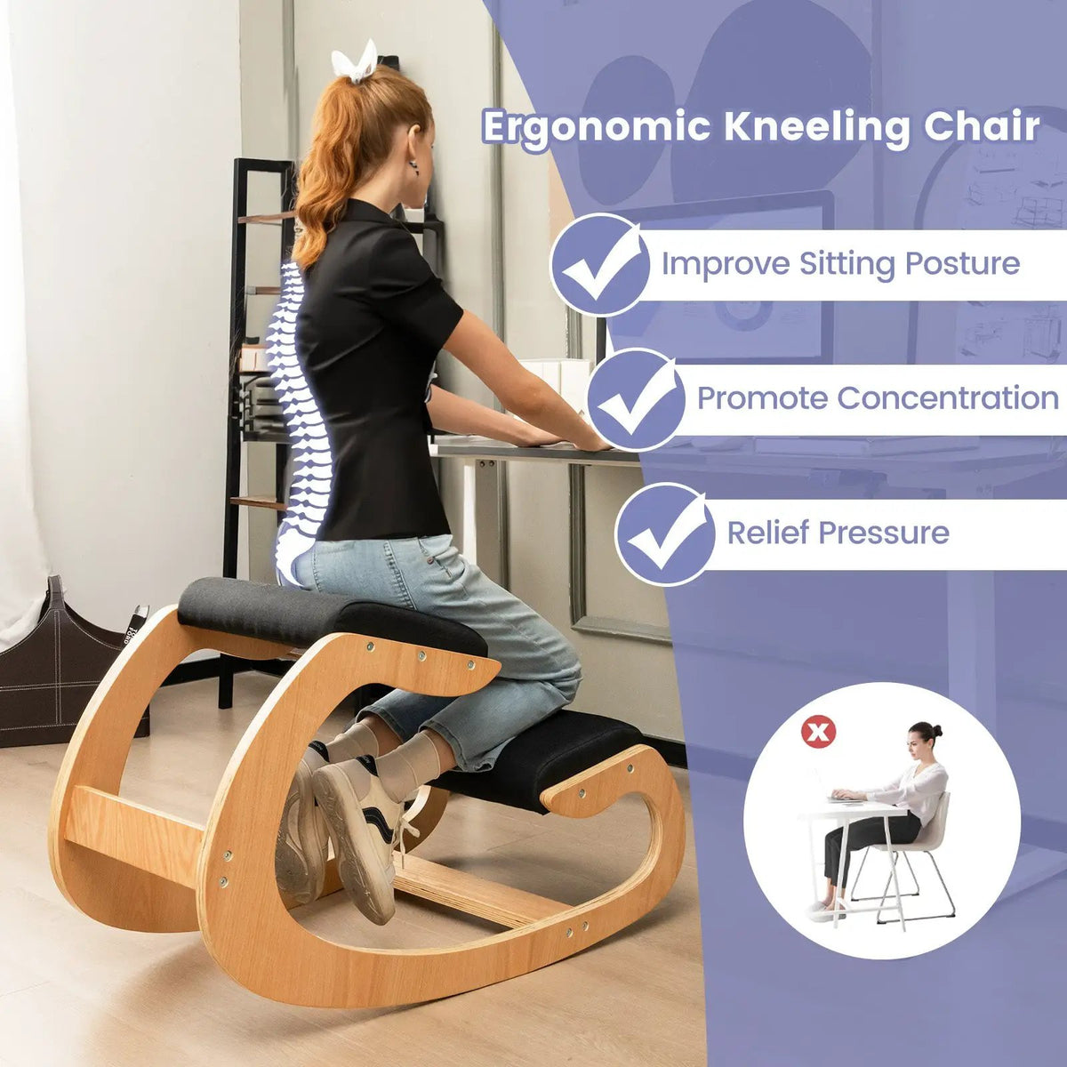 Wooden Rocking Chair with Comfortable Padded Seat Cushion and Knee Support by DirectDeals
