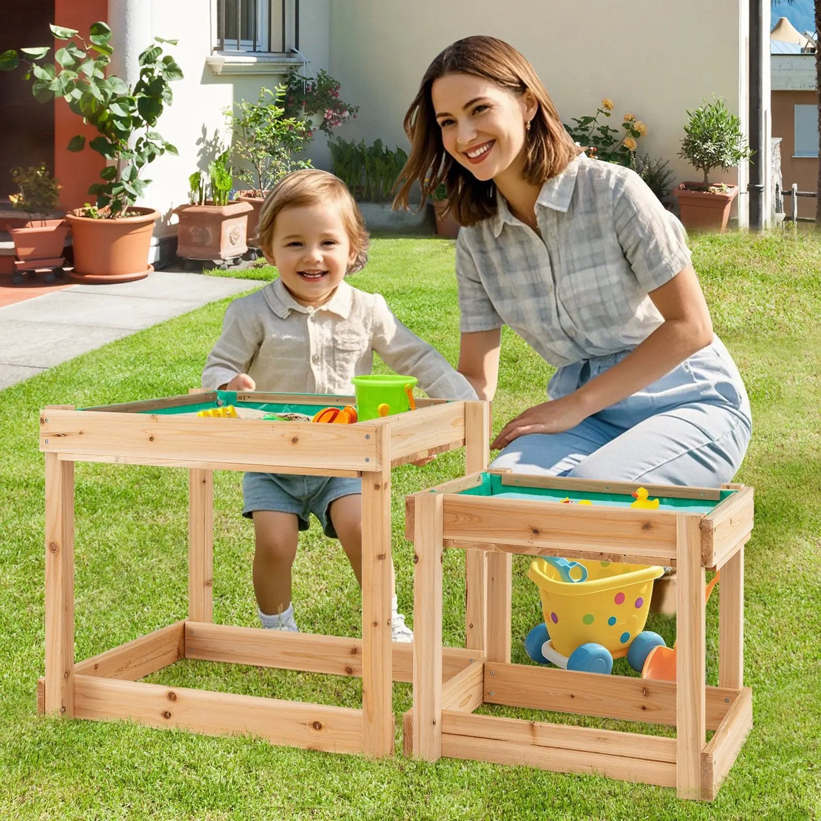 Wooden Sand and Water Tables with Protective Cover for Kids-Natural by DirectDeals