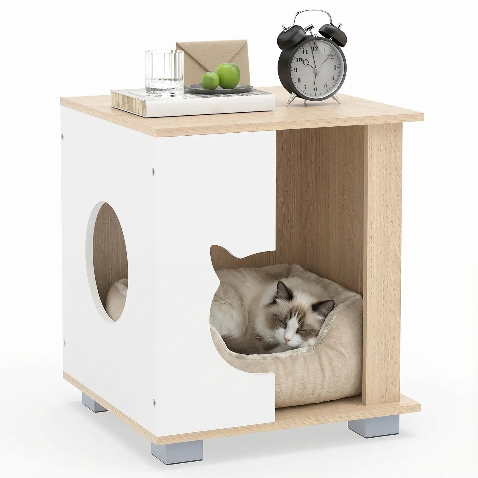 Wooden Semi-enclosed Cat Condo with Kitty Head-shaped Entry and Metal Legs-Natural by DirectDeals