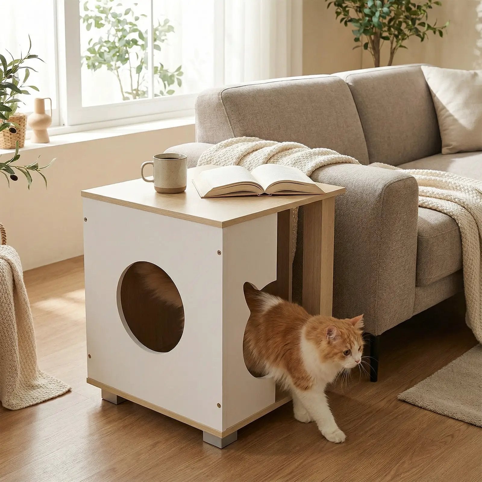 Wooden Semi-enclosed Cat Condo with Kitty Head-shaped Entry and Metal Legs-Natural by DirectDeals