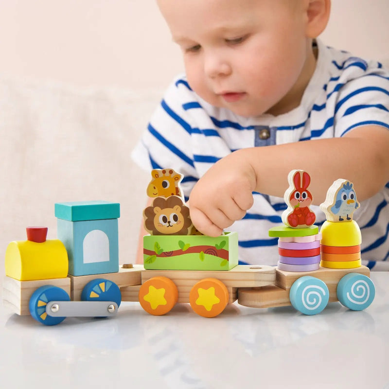 Wooden Stackable Educational Train Set with Colorful Animal Toys and Retractable Locomotive by DirectDeals