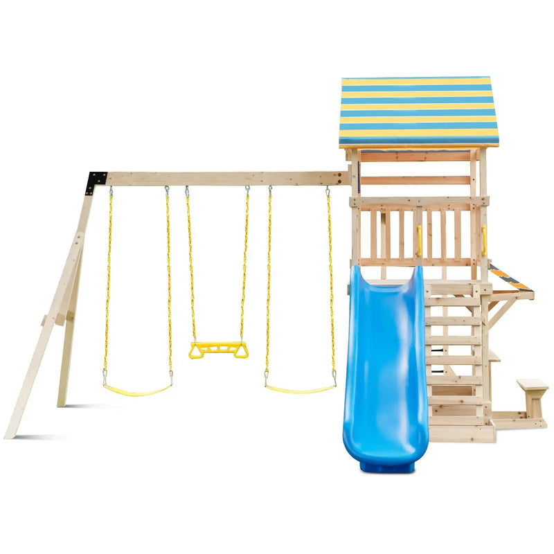 Wooden Swing Set with Large Upper Deck Slide and Steering Wheel by DirectDeals