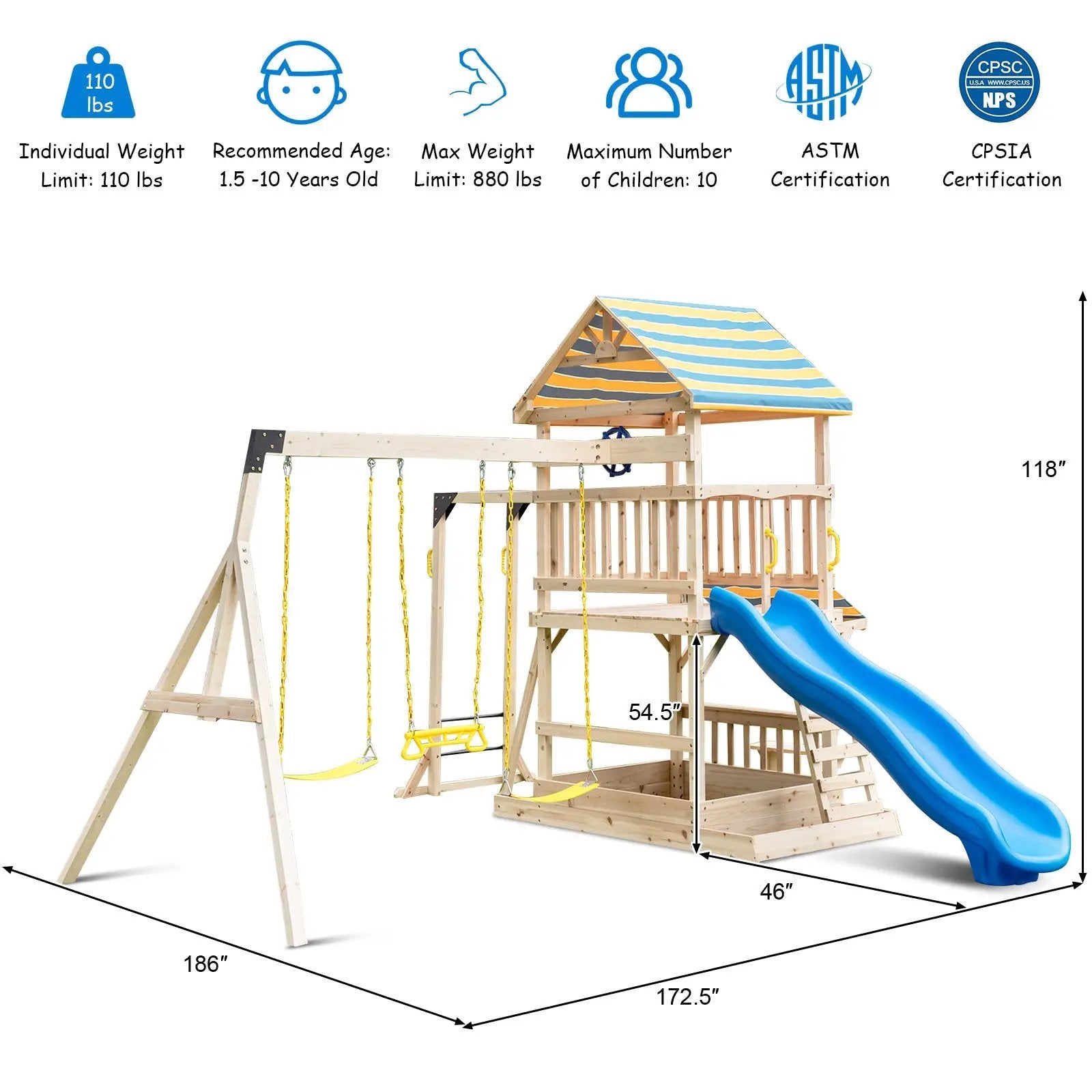 Wooden Swing Set with Large Upper Deck Slide and Steering Wheel by DirectDeals