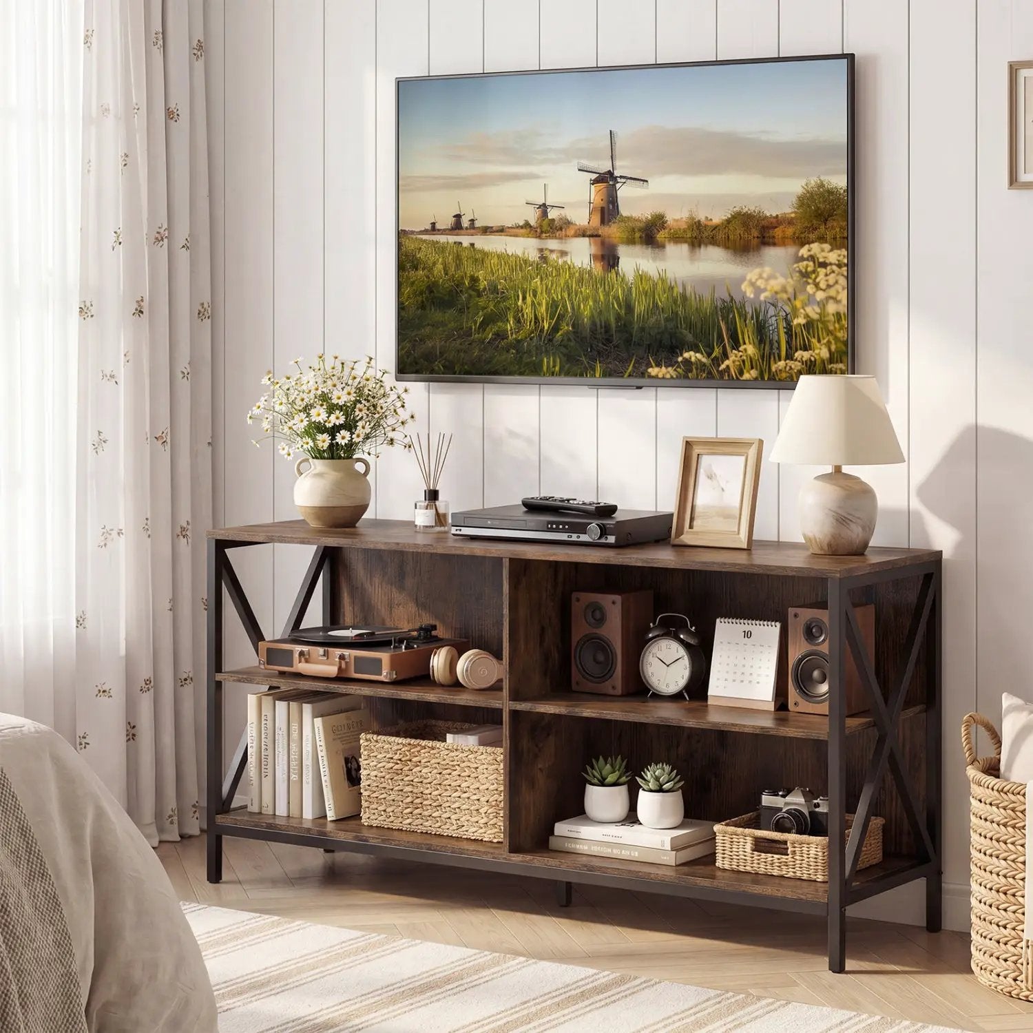 Wooden TV Stand Entertainment for TVs up to 55 Inch with X-Shaped Frame by DirectDeals
