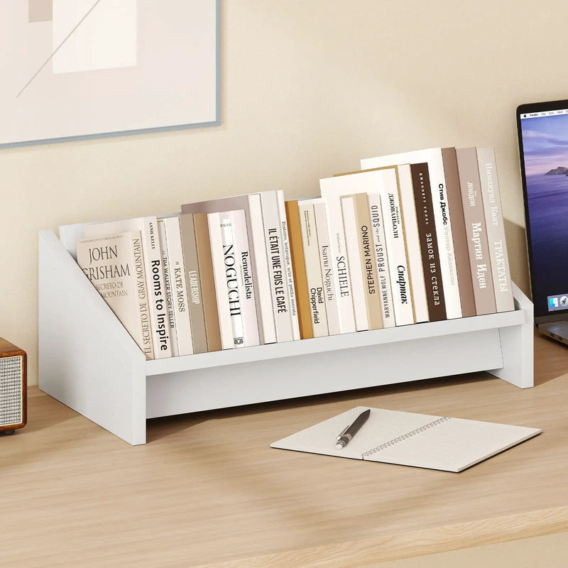 Wooden Tilting Bookcase Small Desktop Bookshelf Organizer for Magazines-White by DirectDeals