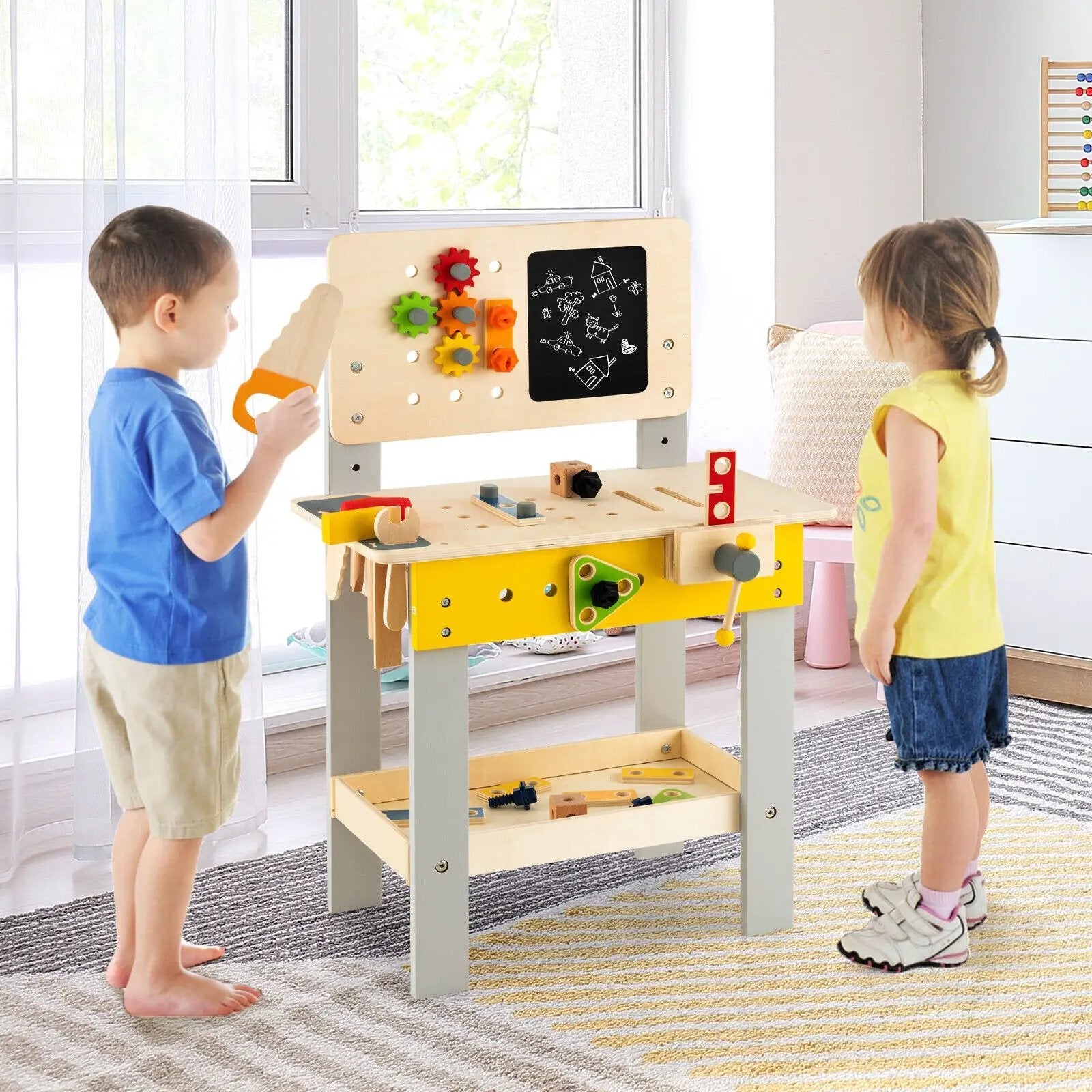 Wooden Pretend Play Workbench Set with Blackboard for Toddlers Ages 3+ by DirectDeals