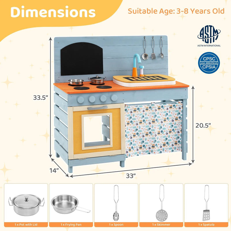 Wooden Toy Kitchen Playset with Removable Circulation Faucet and Cooking Accessories-Blue by DirectDeals