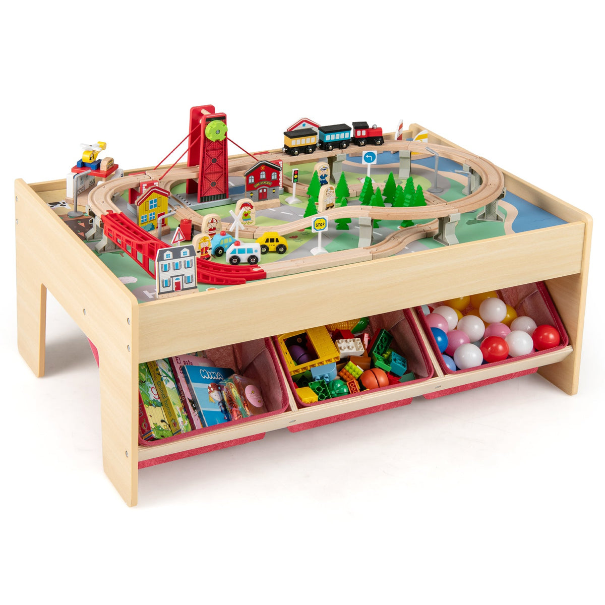 Wooden Train Set Table Kids Multipurpose Activity Play Table with 2 Reversible Tabletops-Red, photo 2 of 10