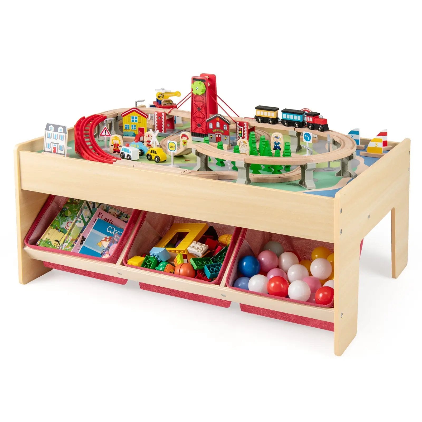 Wooden Train Set Table Kids Multipurpose Activity Play Table with 2 Reversible Tabletops-Red by DirectDeals