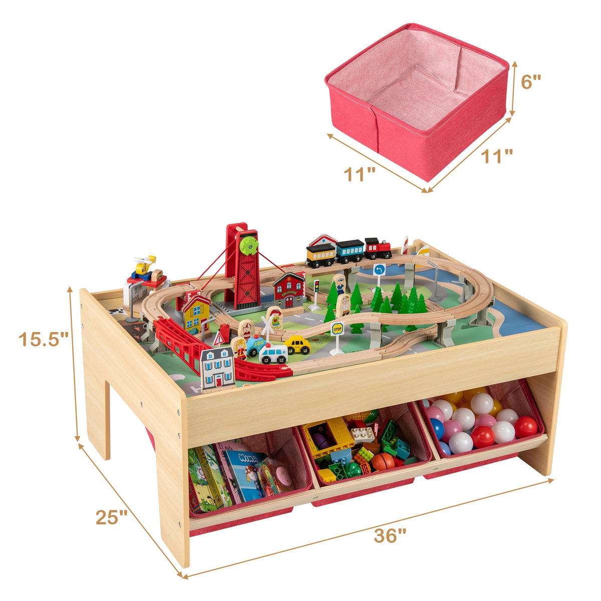 Wooden Train Set Table Kids Multipurpose Activity Play Table with 2 Reversible Tabletops-Red, photo 4 of 10