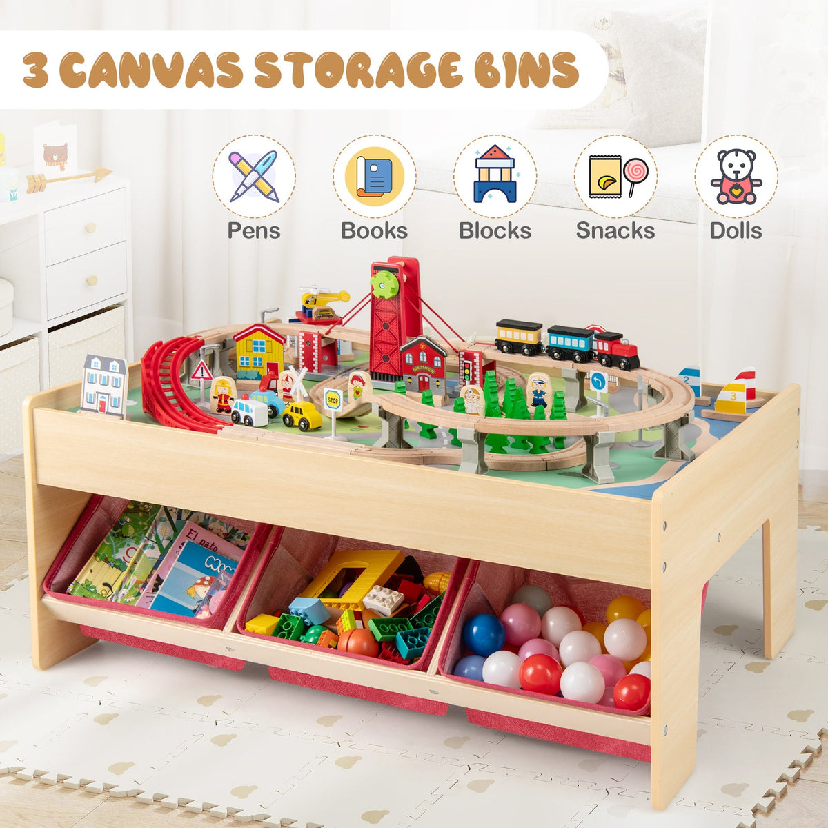 Wooden Train Set Table Kids Multipurpose Activity Play Table with 2 Reversible Tabletops-Red, photo 6 of 10
