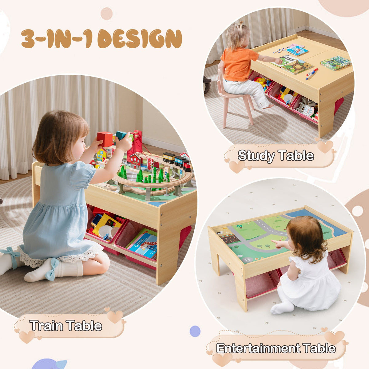 Wooden Train Set Table Kids Multipurpose Activity Play Table with 2 Reversible Tabletops-Red, photo 8 of 10