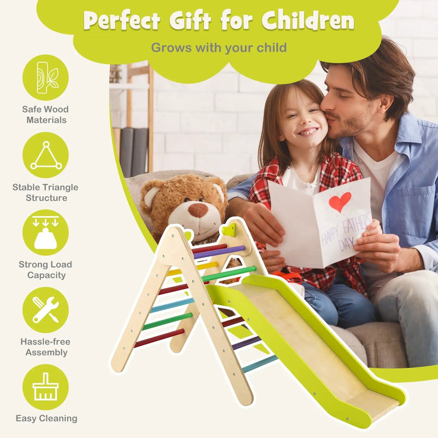 2-in-1 Wooden Triangle Climber Set with Gradient Adjustable Slide by DirectDeals