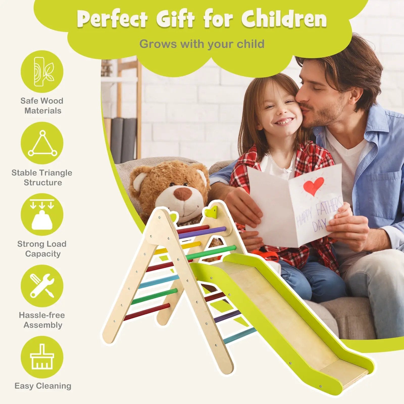 2-in-1 Wooden Triangle Climber Set with Gradient Adjustable Slide by DirectDeals