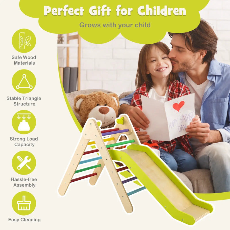 2-in-1 Wooden Triangle Climber Set with Gradient Adjustable Slide by DirectDeals