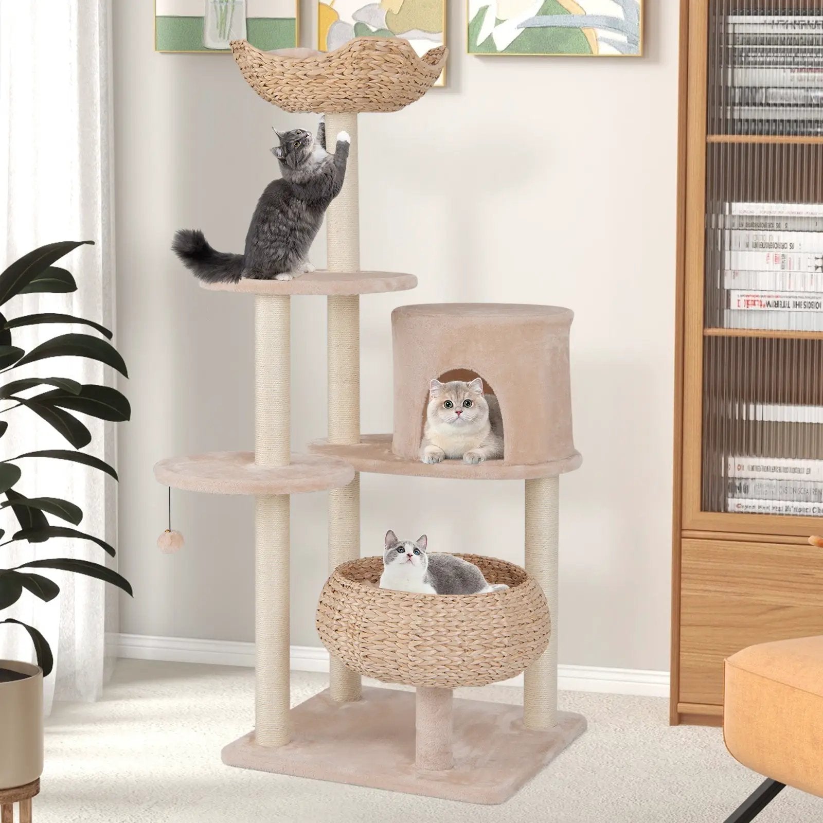 59 Inches Cattail Cat Tower with Sisal Scratching Posts and Soft Hammock-Beige by DirectDeals