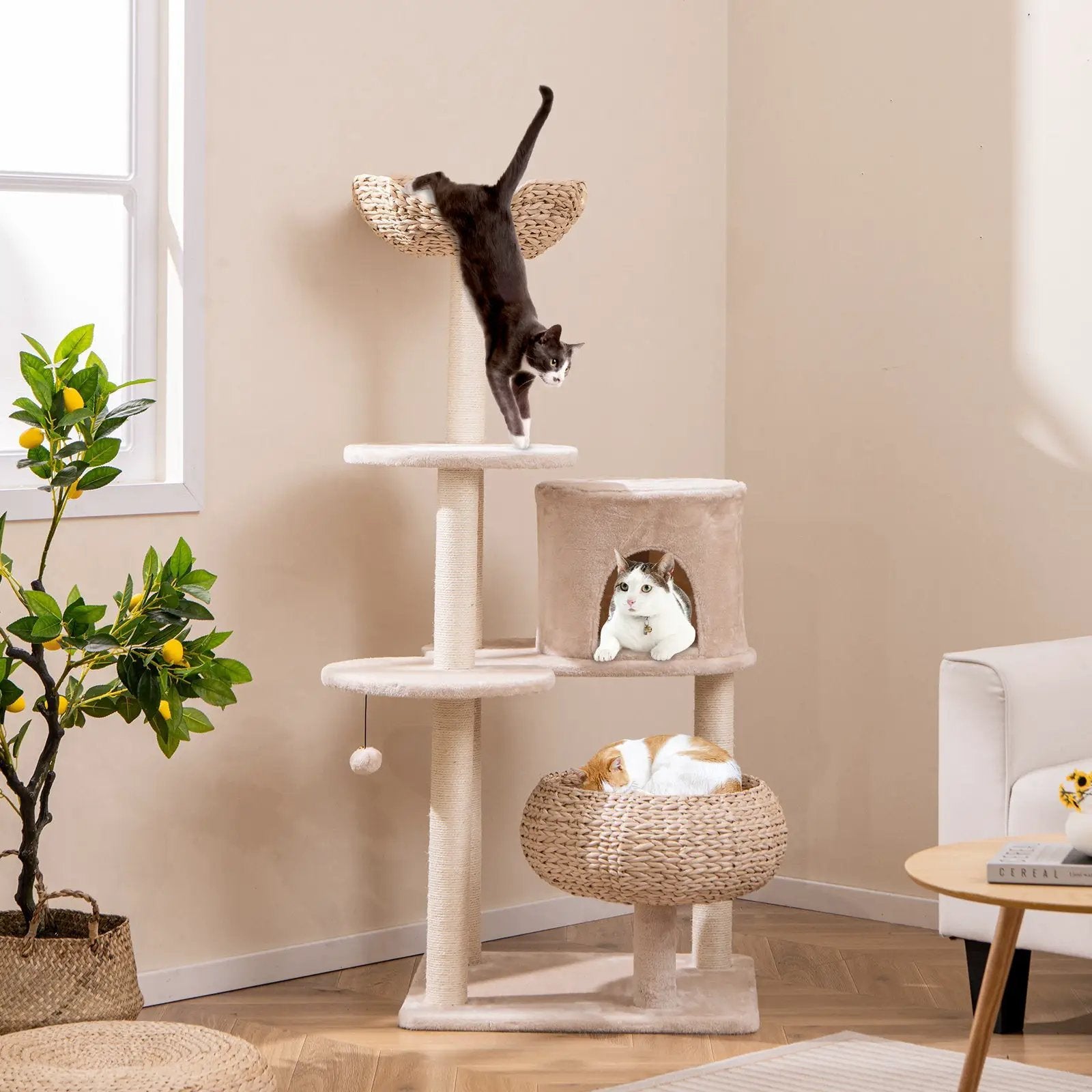 59 Inches Cattail Cat Tower with Sisal Scratching Posts and Soft Hammock-Beige by DirectDeals
