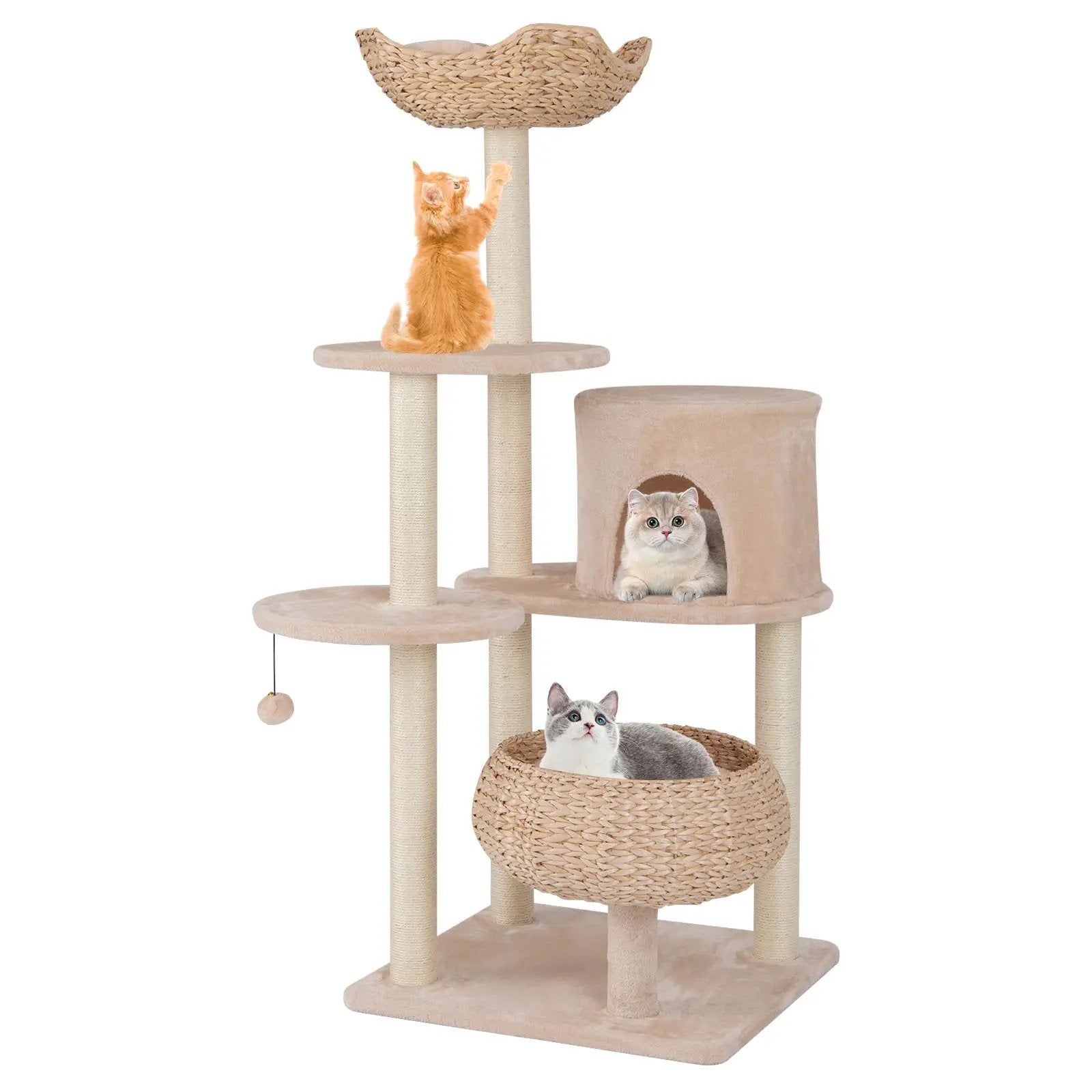 59 Inches Cattail Cat Tower with Sisal Scratching Posts and Soft Hammock-Beige by DirectDeals