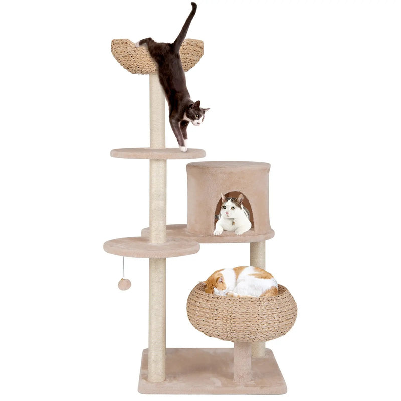 59 Inches Cattail Cat Tower with Sisal Scratching Posts and Soft Hammock-Beige by DirectDeals