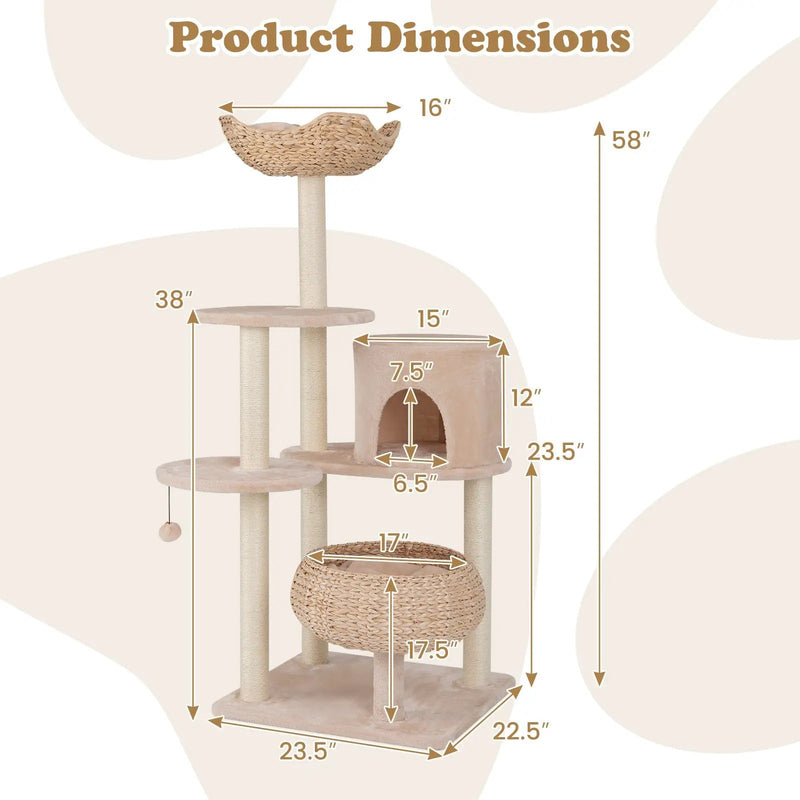 59 Inches Cattail Cat Tower with Sisal Scratching Posts and Soft Hammock-Beige by DirectDeals