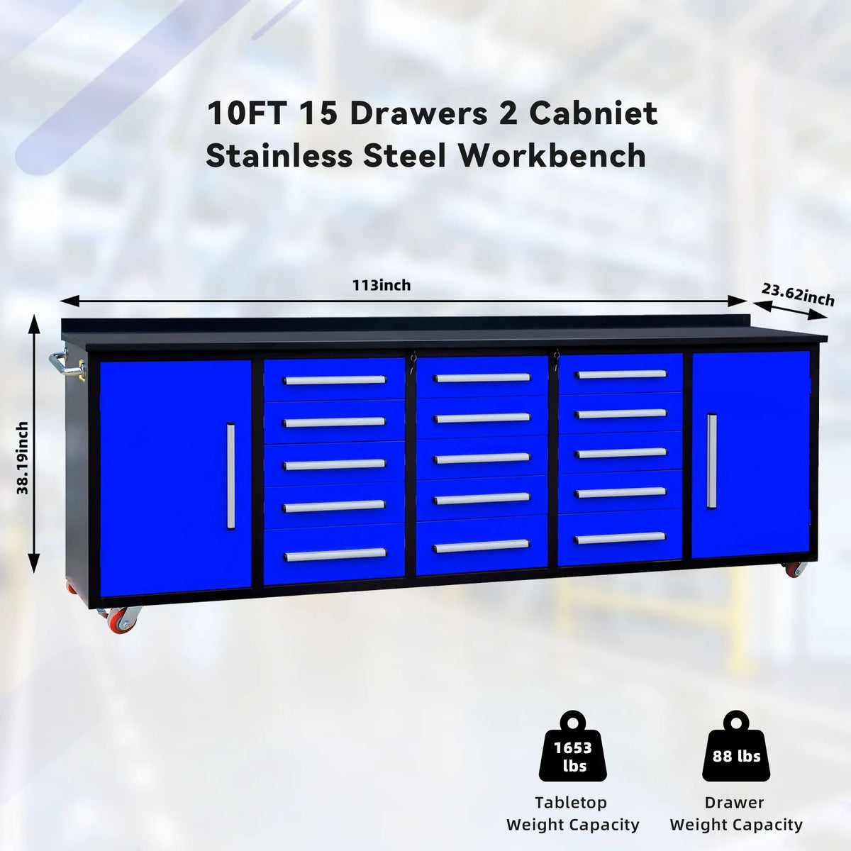 10ft 15-Drawer Storage Workbench with Wheels by Chery Industrial