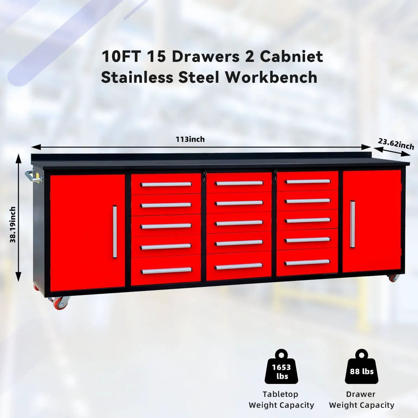 10ft Workbench Storage Cabinet with 15 Drawers & 2 Cabinets by Chery Industrial