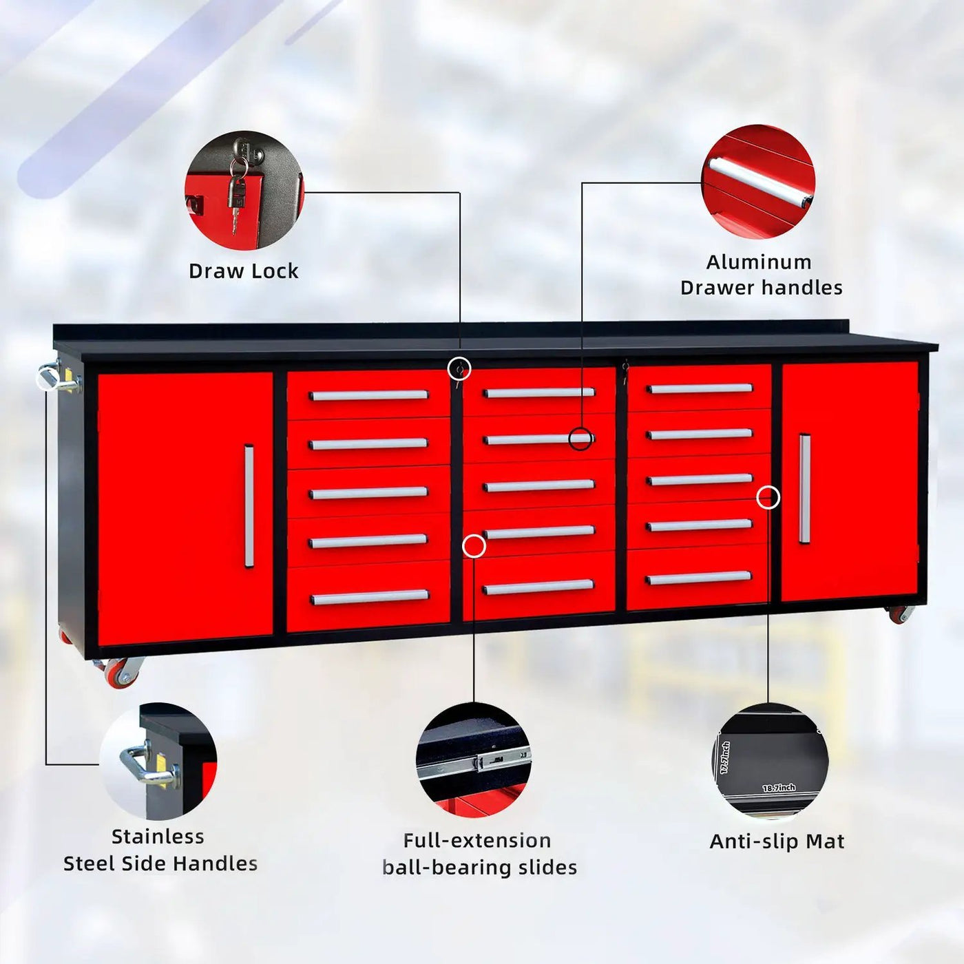10ft 15-Drawer Storage Workbench with Wheels by Chery Industrial