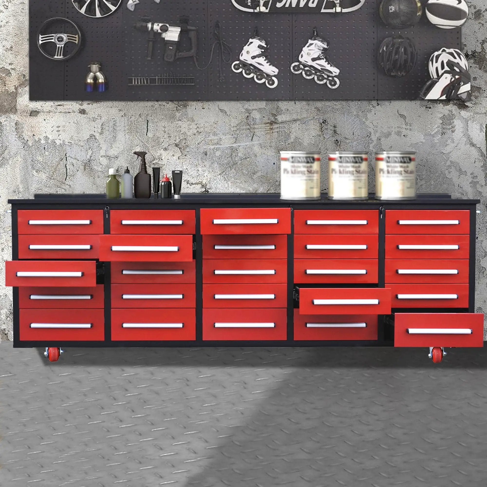 10ft 25-Drawer Storage Workbench with Wheels by Chery Industrial