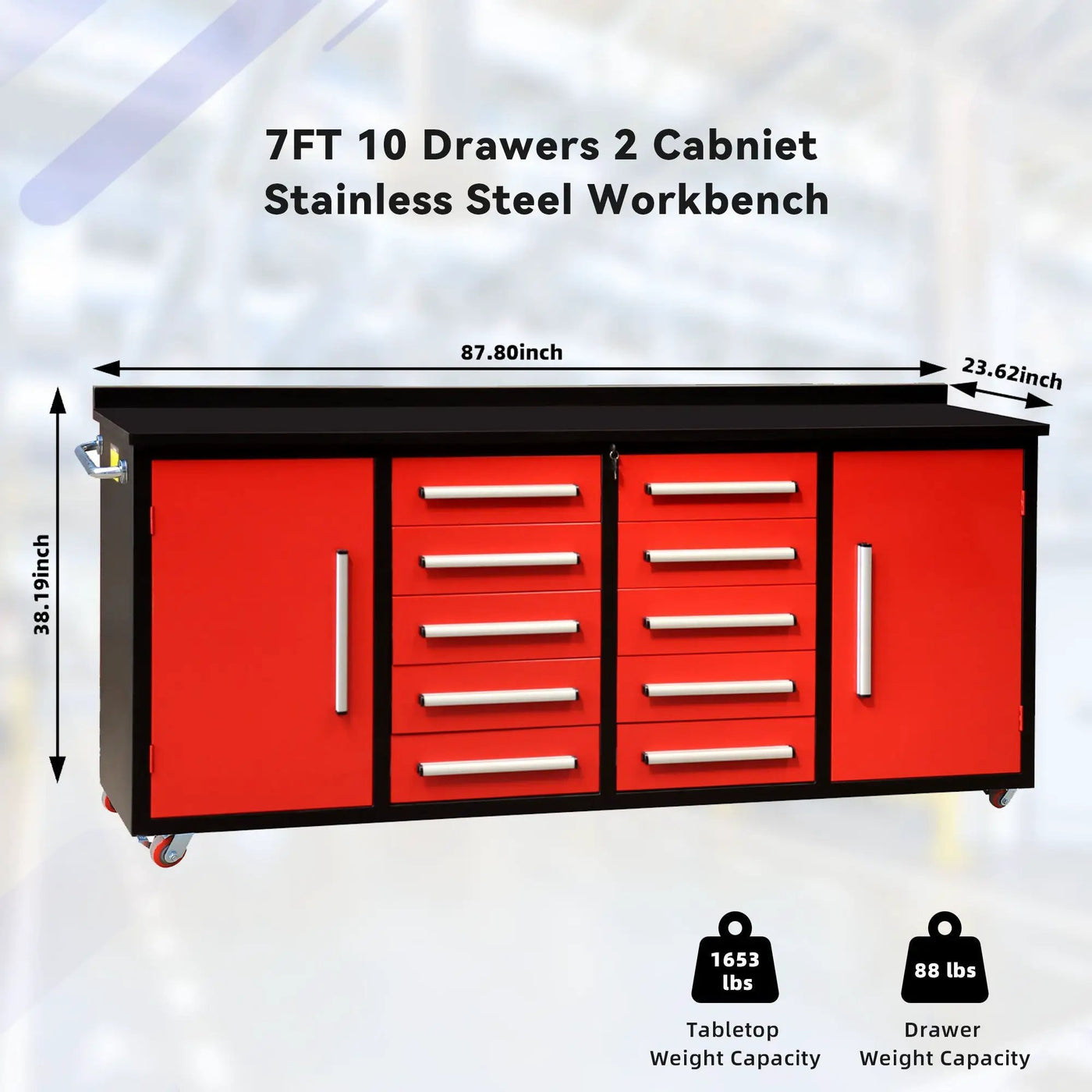 7ft Heavy Duty Workbench with 10 Drawers & 2 Cabinets by Chery Industrial