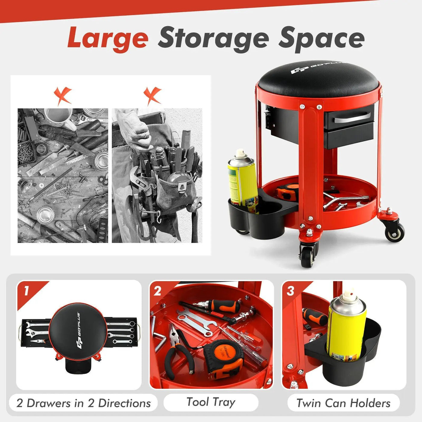Rolling Mechanic Stool with Removable Padded Seat and Drawers by DirectDeals