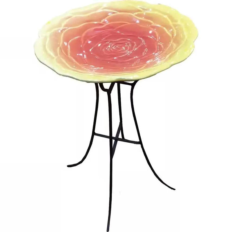 Outdoor Yellow Pink Ceramic Floral Birdbath with Metal Stand by HomePacific