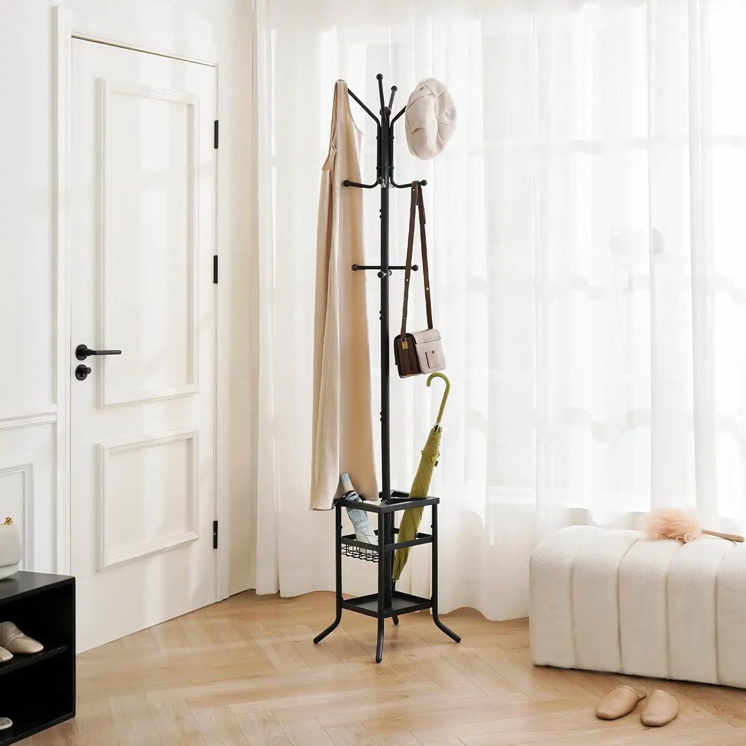 Black Metal Coat Rack Entryway Hall Tree with Umbrella Holder by HomePacific