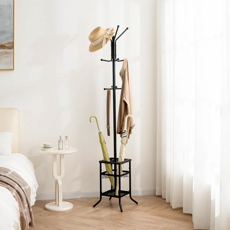 Black Metal Coat Rack Entryway Hall Tree with Umbrella Holder by HomePacific