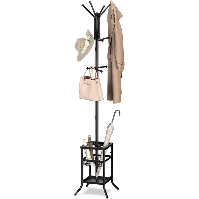 Black Metal Coat Rack Entryway Hall Tree with Umbrella Holder by HomePacific