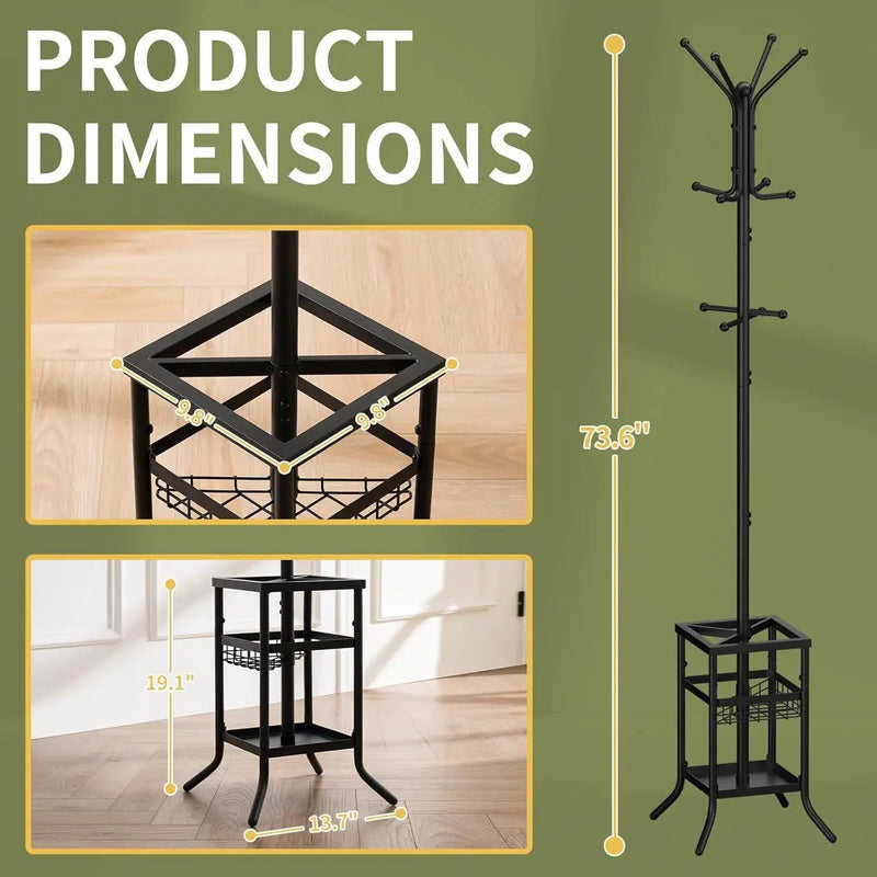 Black Metal Coat Rack Entryway Hall Tree with Umbrella Holder by HomePacific