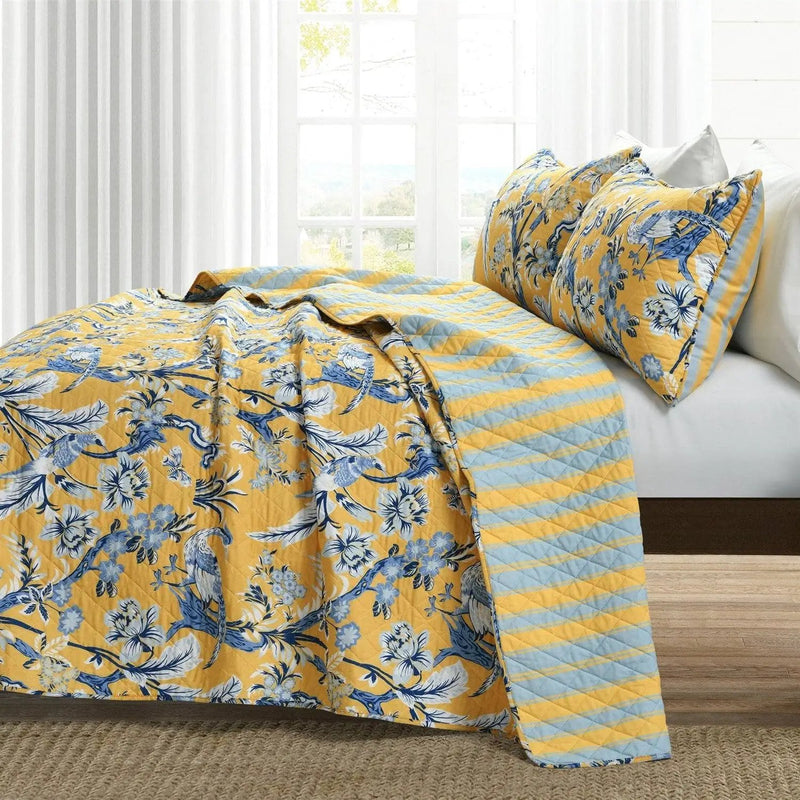 Full/Queen Yellow Blue Peacocks Floral Lightweight Polyester 3-Piece Quilt Set by HomePacific